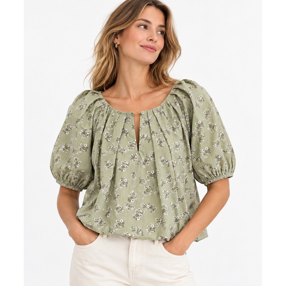 LOFT Puff Sleeve Blouse Womens L Green Floral Cottagecore Romantic Top NEW
